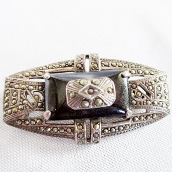 Jewelry - STERLING SILVER BROOCH PIN MARCASITE ONYX BLACK